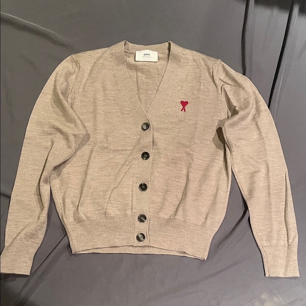 Ami Light Tan Cardigan with Red Accent